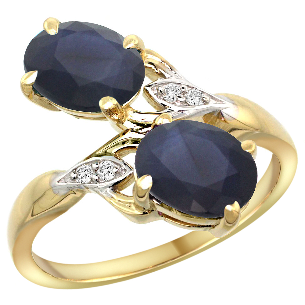 10K YELLOW GOLD DIAMOND NATURAL BLUE SAPPHIRE 2-STONE MOTHERS RING OVAL 8X6MM SIZE 5 - 10