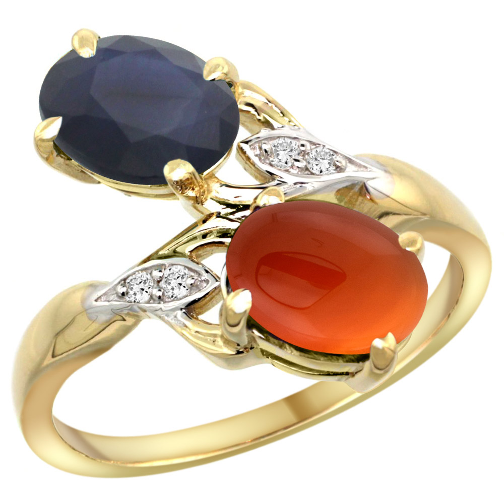 10K Yellow Gold Diamond Natural Quality Blue Sapphire&Brown Agate 2-stone Mothers Ring Oval 8x6mm,sz5-10