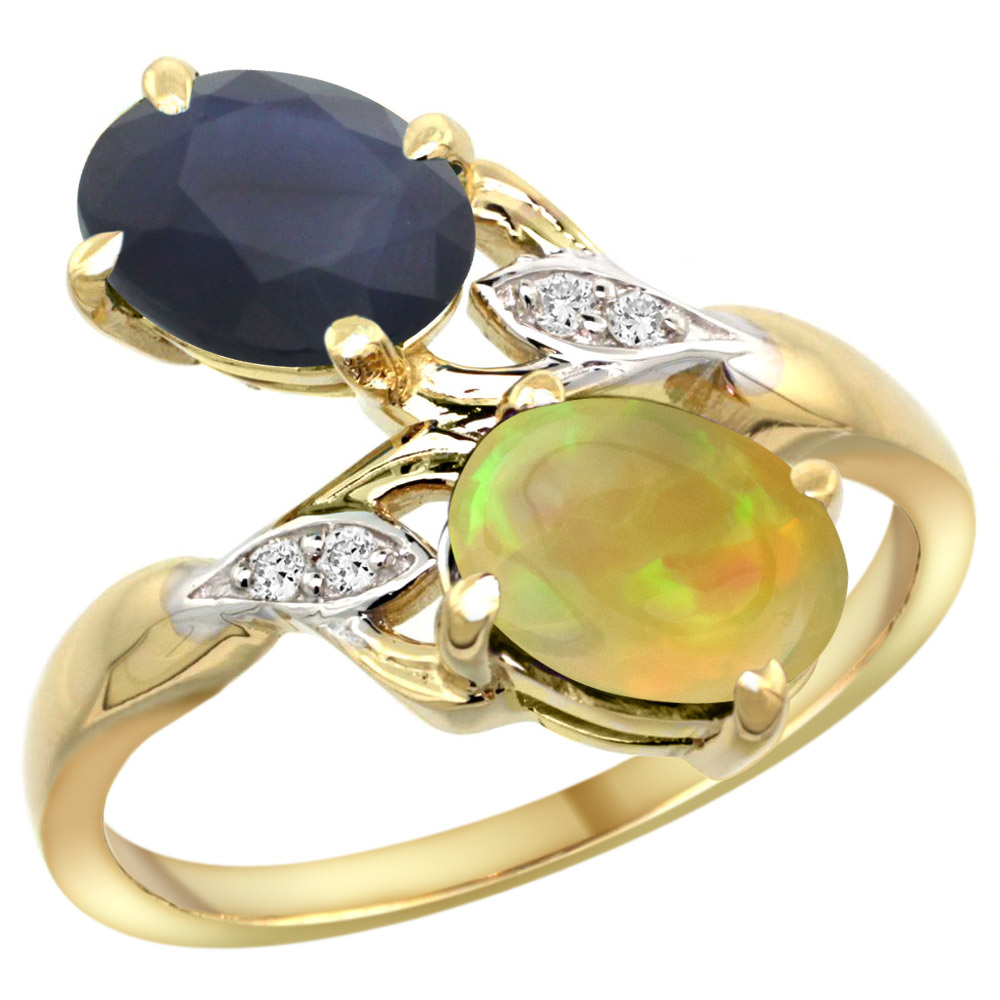 10K Yellow Gold Diamond Natural Quality Blue Sapphire & Ethiopian Opal 2-stone Ring Oval 8x6mm,size5 - 10