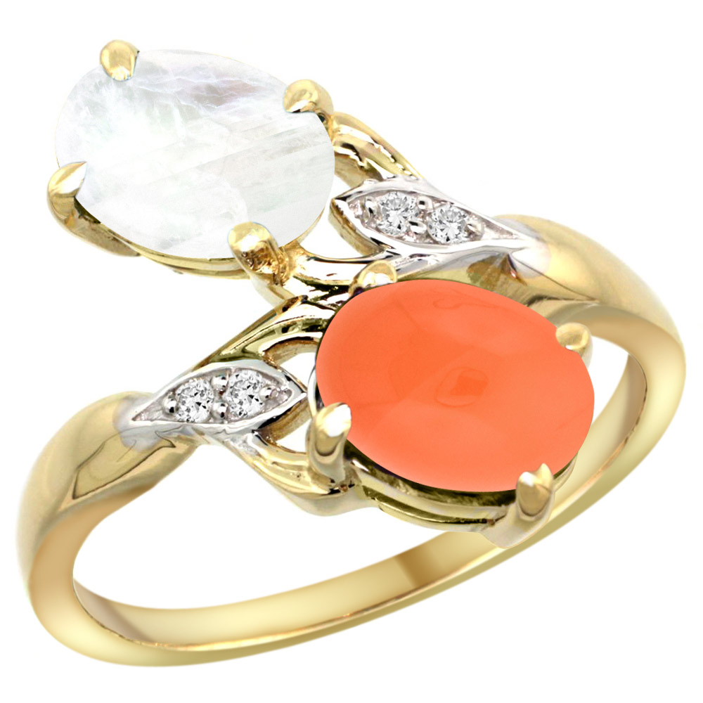 10K YELLOW GOLD DIAMOND NATURAL RAINBOW& ORANGE MOONSTONES 2-STONE RING OVAL 8X6MM, SIZES 5 - 10