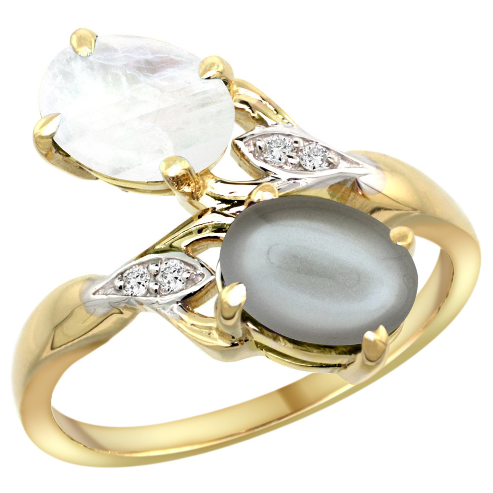 10K YELLOW GOLD DIAMOND NATURAL RAINBOW & GRAY MOONSTONES 2-STONE RING OVAL 8X6MM, SIZES 5 - 10