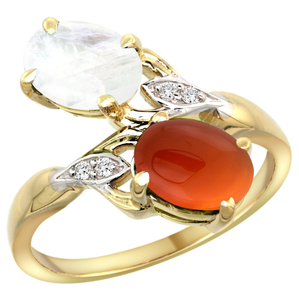 10K YELLOW GOLD DIAMOND NATURAL RAINBOW MOONSTONE & BROWN AGATE 2-STONE RING OVAL 8X6MM, SIZES 5 - 10