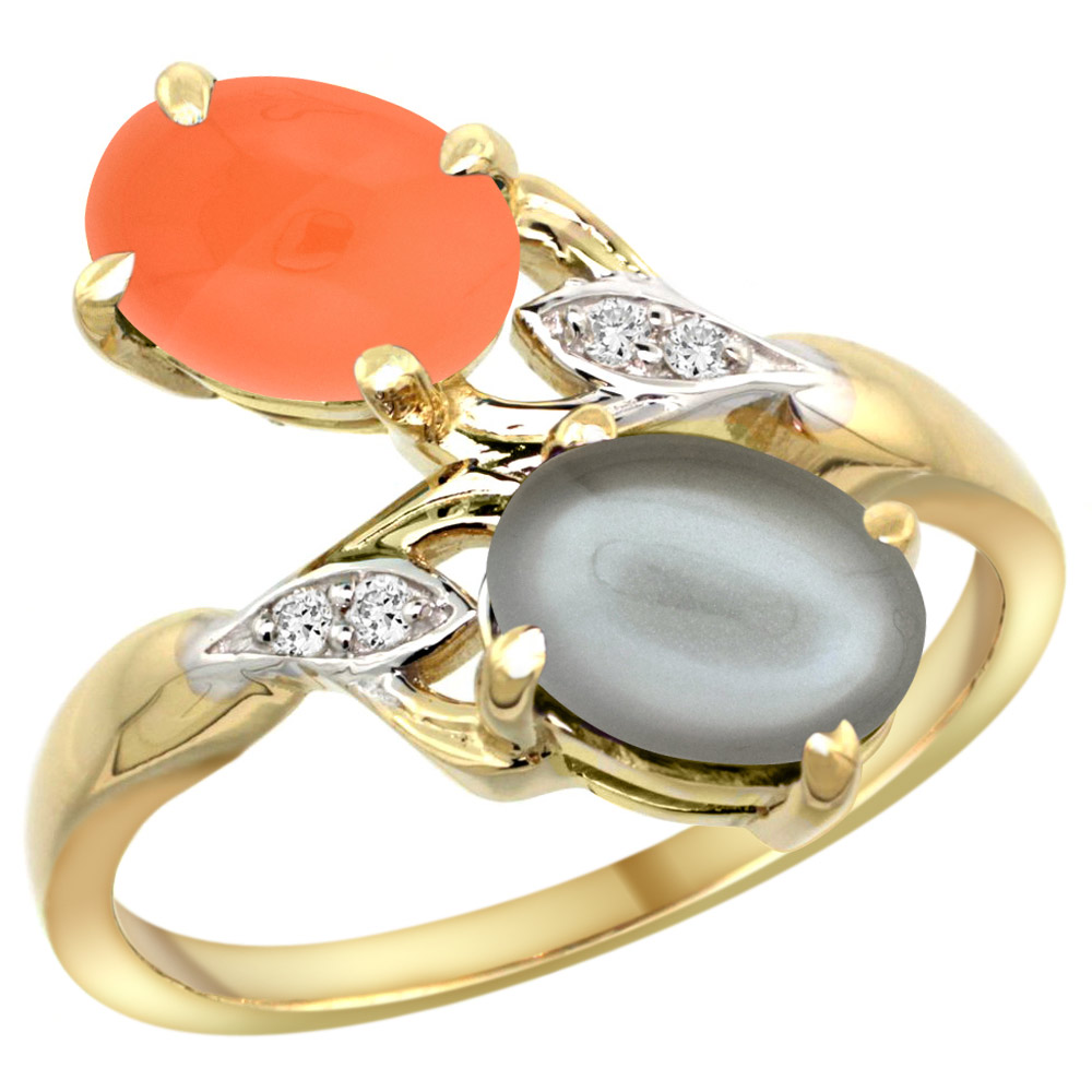10K YELLOW GOLD DIAMOND NATURAL ORANGE & GRAY MOONSTONES 2-STONE RING OVAL 8X6MM, SIZES 5 - 10