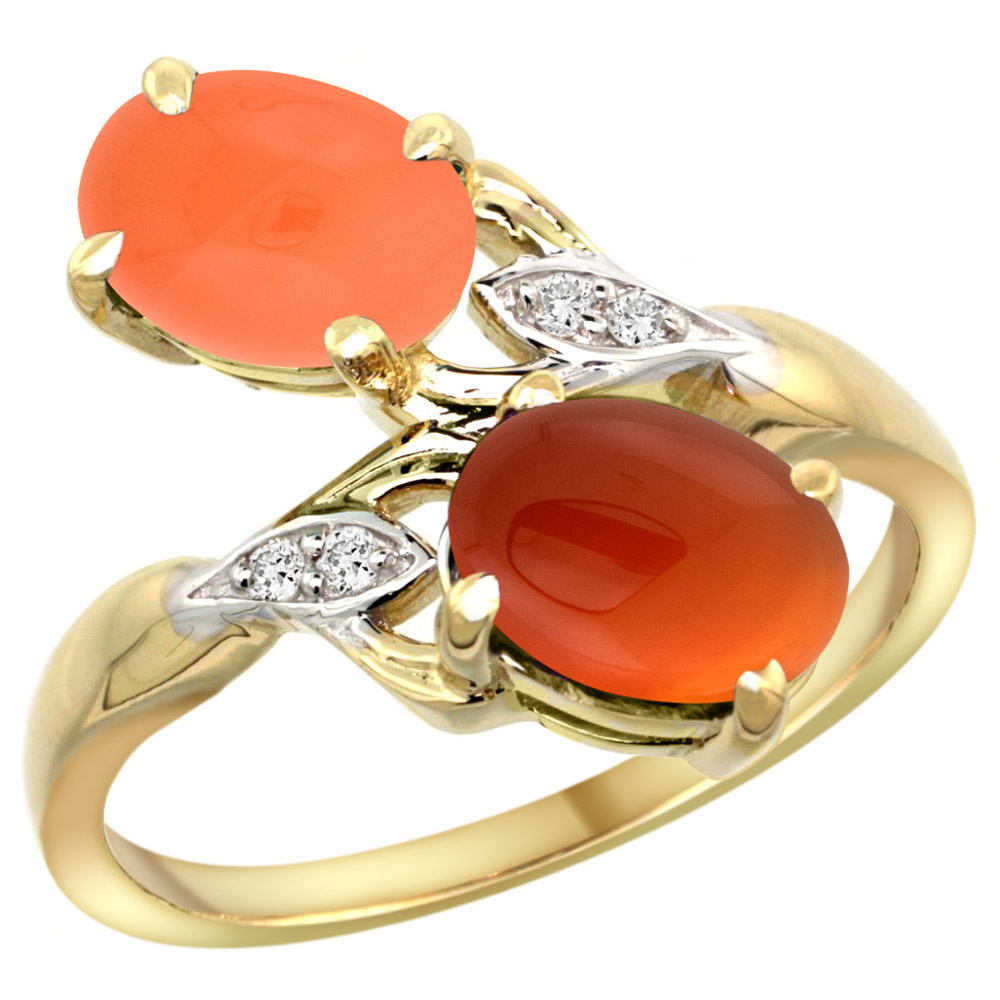 10K YELLOW GOLD DIAMOND NATURAL ORANGE MOONSTONE & BROWN AGATE 2-STONE RING OVAL 8X6MM, SIZES 5 - 10