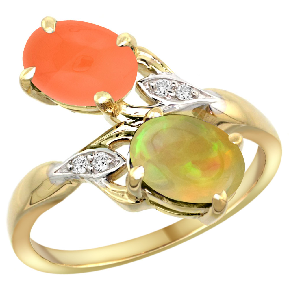10K YELLOW GOLD DIAMOND NATURAL ORANGE MOONSTONE & ETHIOPIAN OPAL 2-STONE MOTHERS RING OVAL 8X6MM,SZ 5-10