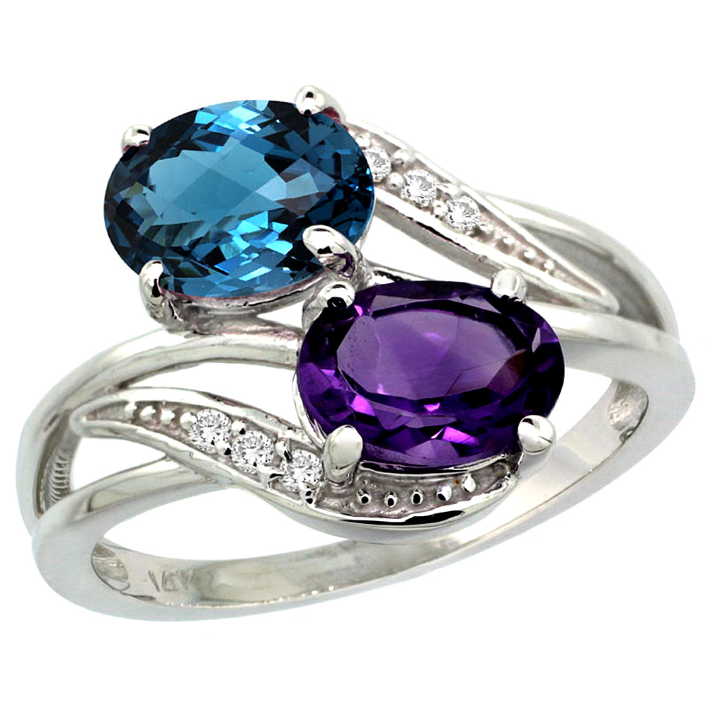 14K WHITE GOLD DIAMOND NATURAL AMETHYST & LONDON BLUE TOPAZ 2-STONE RING OVAL 8X6MM, SIZES 5 - 10