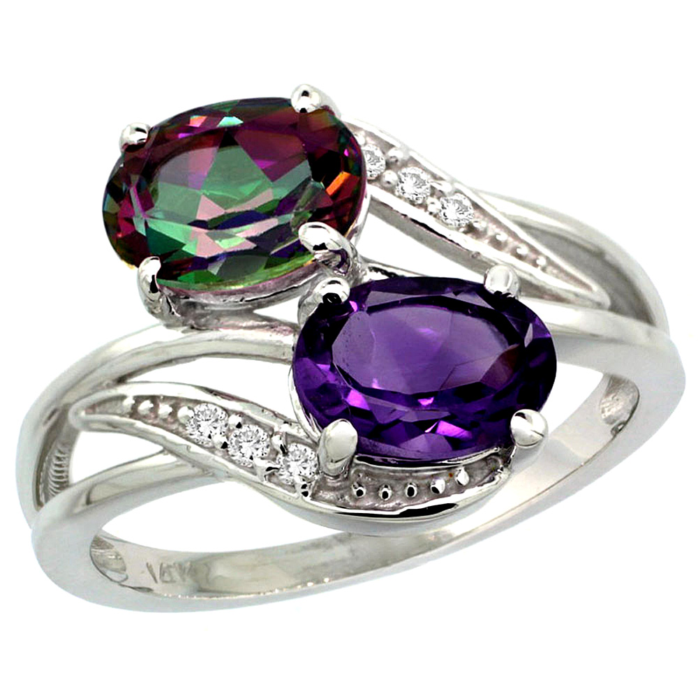 14K White Gold Diamond Natural Amethyst &amp; Mystic Topaz 2-stone Ring Oval 8x6mm, sizes 5 - 10