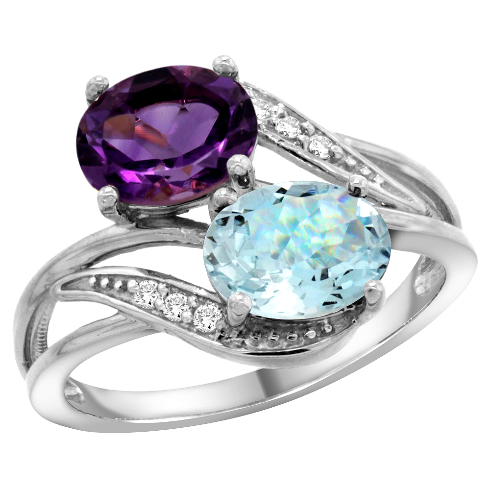 10K WHITE GOLD DIAMOND NATURAL AMETHYST & AQUAMARINE 2-STONE RING OVAL 8X6MM, SIZES 5 - 10