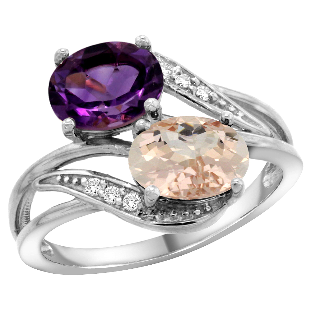 10K WHITE GOLD DIAMOND NATURAL AMETHYST & MORGANITE 2-STONE RING OVAL 8X6MM, SIZES 5 - 10