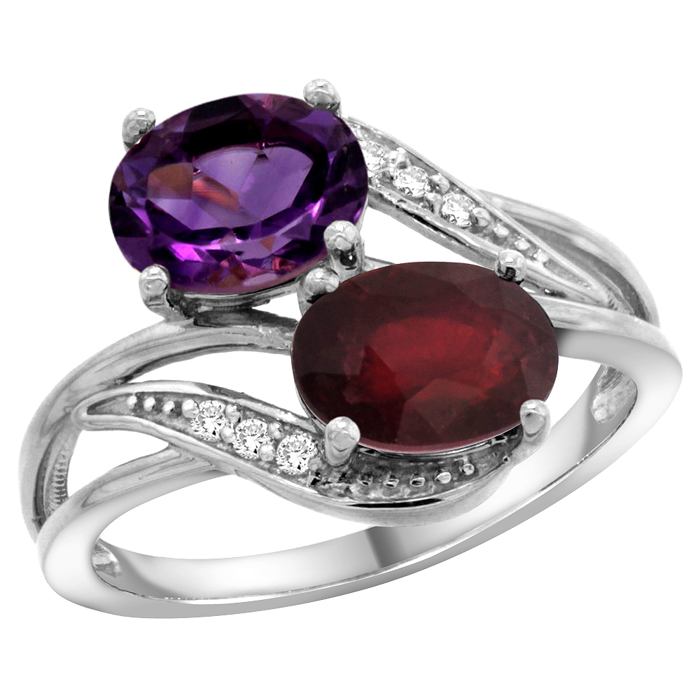 10K WHITE GOLD DIAMOND NATURAL AMETHYST & ENHANCED RUBY 2-STONE RING OVAL 8X6MM, SIZES 5 - 10