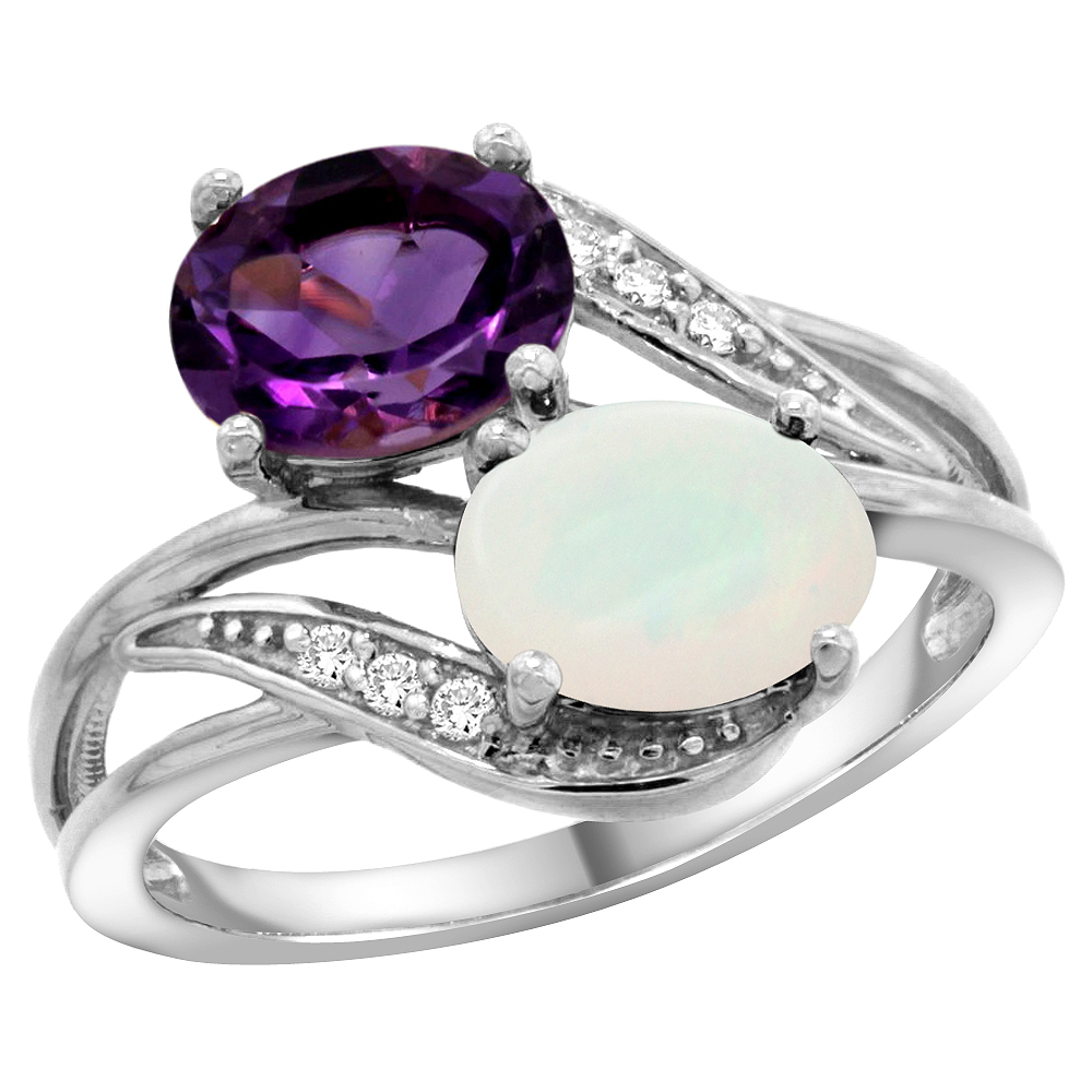 10K WHITE GOLD DIAMOND NATURAL AMETHYST & OPAL 2-STONE RING OVAL 8X6MM, SIZES 5 - 10