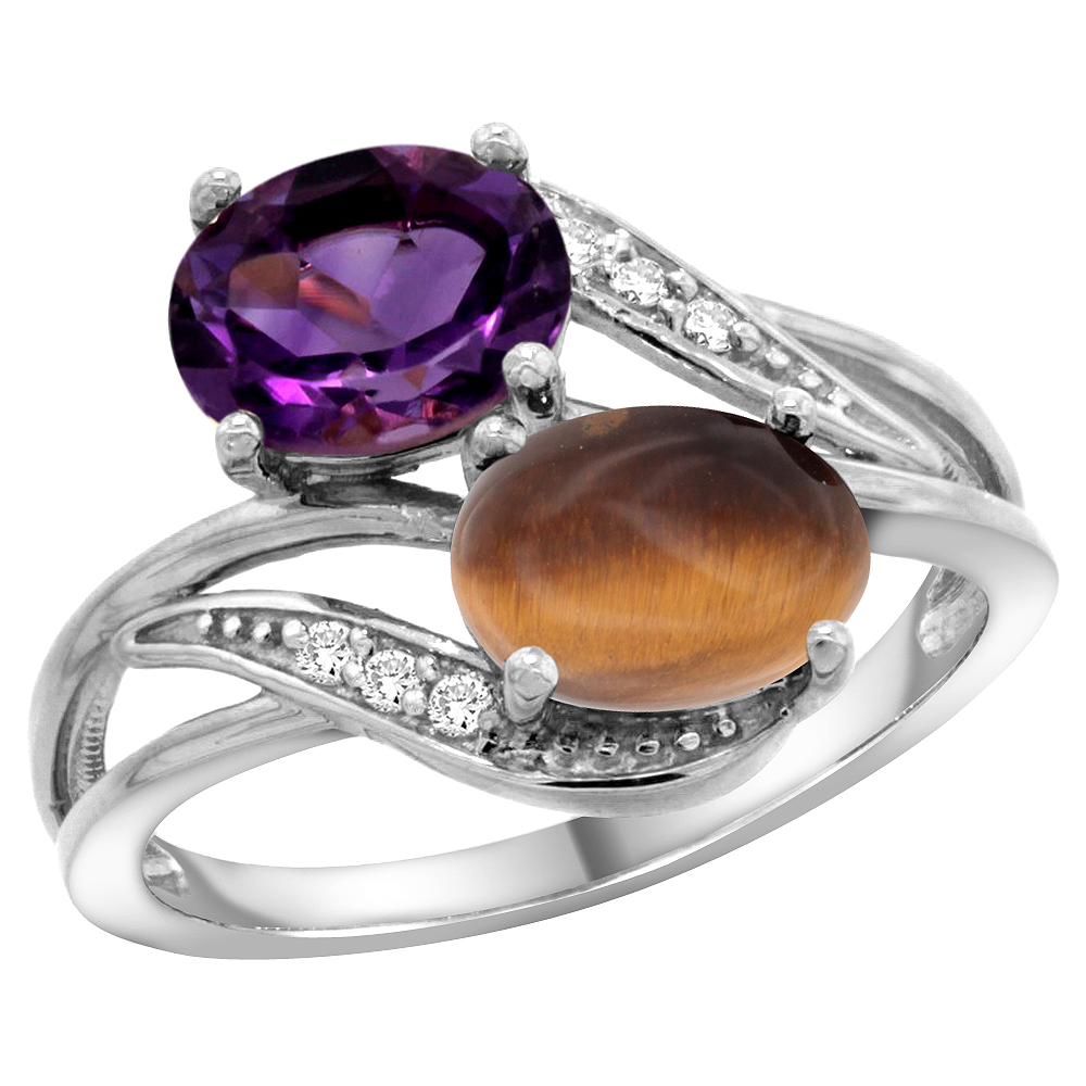 10K WHITE GOLD DIAMOND NATURAL AMETHYST & TIGER EYE 2-STONE RING OVAL 8X6MM, SIZES 5 - 10