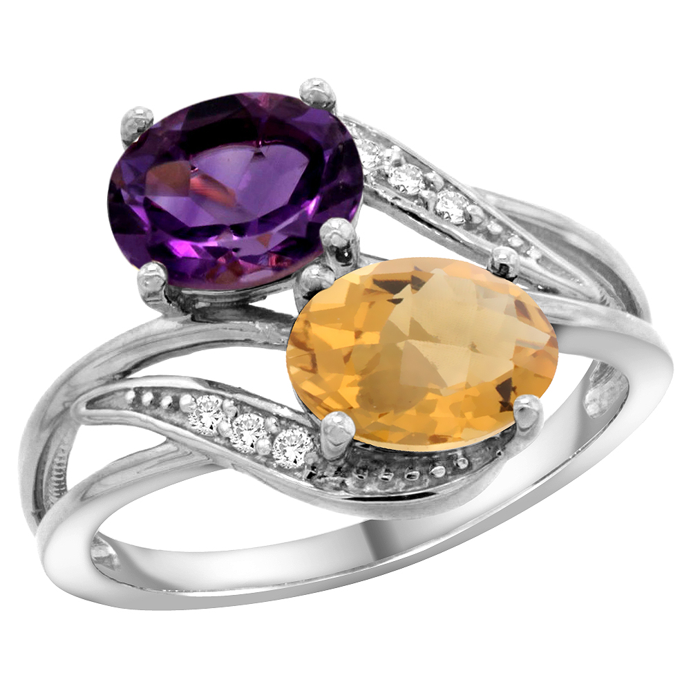 10K WHITE GOLD DIAMOND NATURAL AMETHYST & WHISKY QUARTZ 2-STONE RING OVAL 8X6MM, SIZES 5 - 10