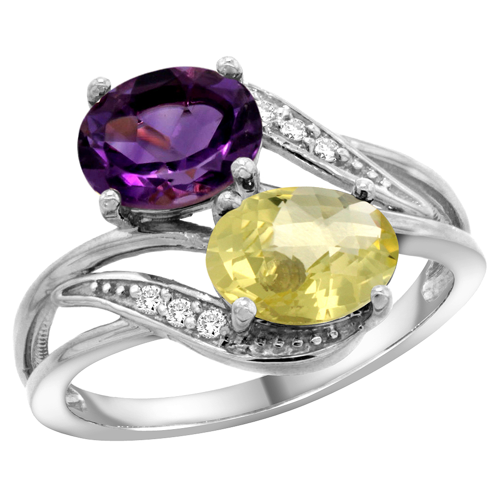 10K White Gold Diamond Natural Amethyst &amp; Lemon Quartz 2-stone Ring Oval 8x6mm, sizes 5 - 10