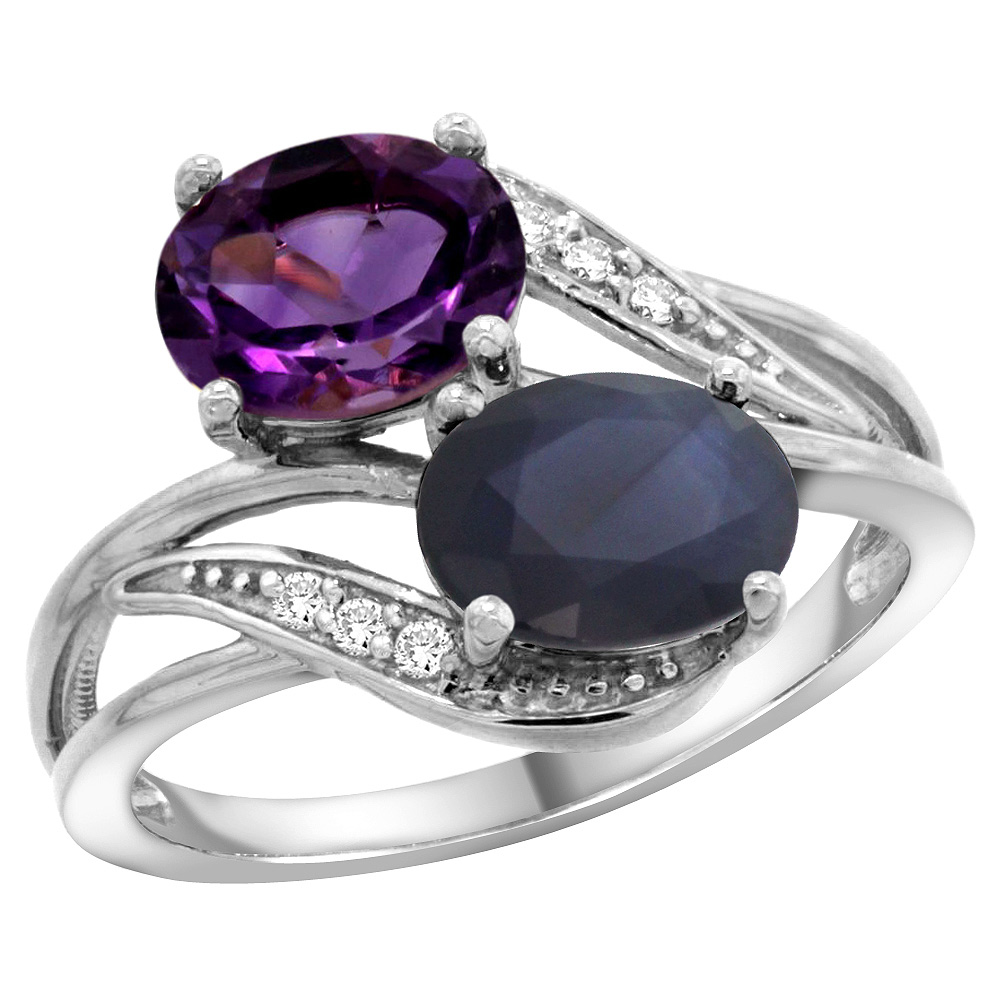 14K White Gold Diamond Natural Amethyst & Australian Sapphire 2-stone Ring Oval 8x6mm, sizes 5 - 10