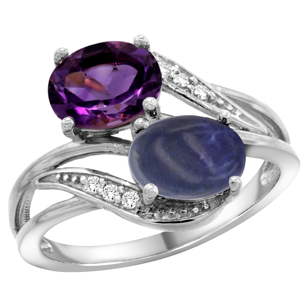 10K WHITE GOLD DIAMOND NATURAL AMETHYST & LAPIS 2-STONE RING OVAL 8X6MM, SIZES 5 - 10