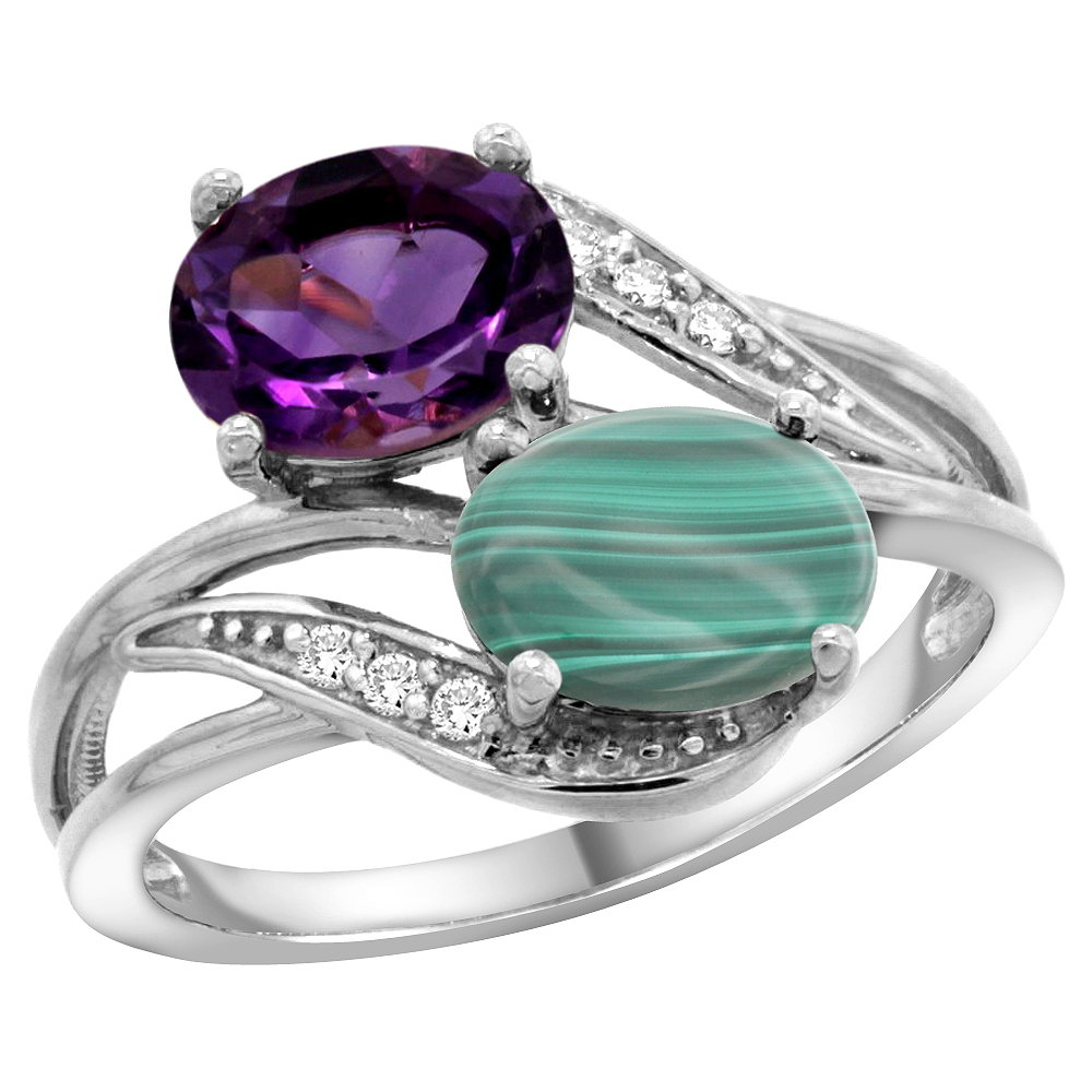 10K WHITE GOLD DIAMOND NATURAL AMETHYST & MALACHITE 2-STONE RING OVAL 8X6MM, SIZES 5 - 10