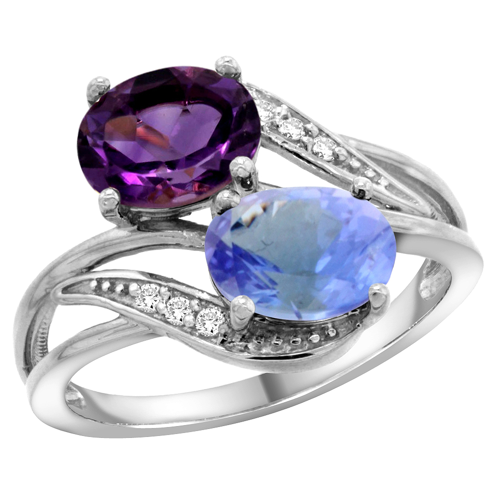 10K WHITE GOLD DIAMOND NATURAL AMETHYST & TANZANITE 2-STONE RING OVAL 8X6MM, SIZES 5 - 10