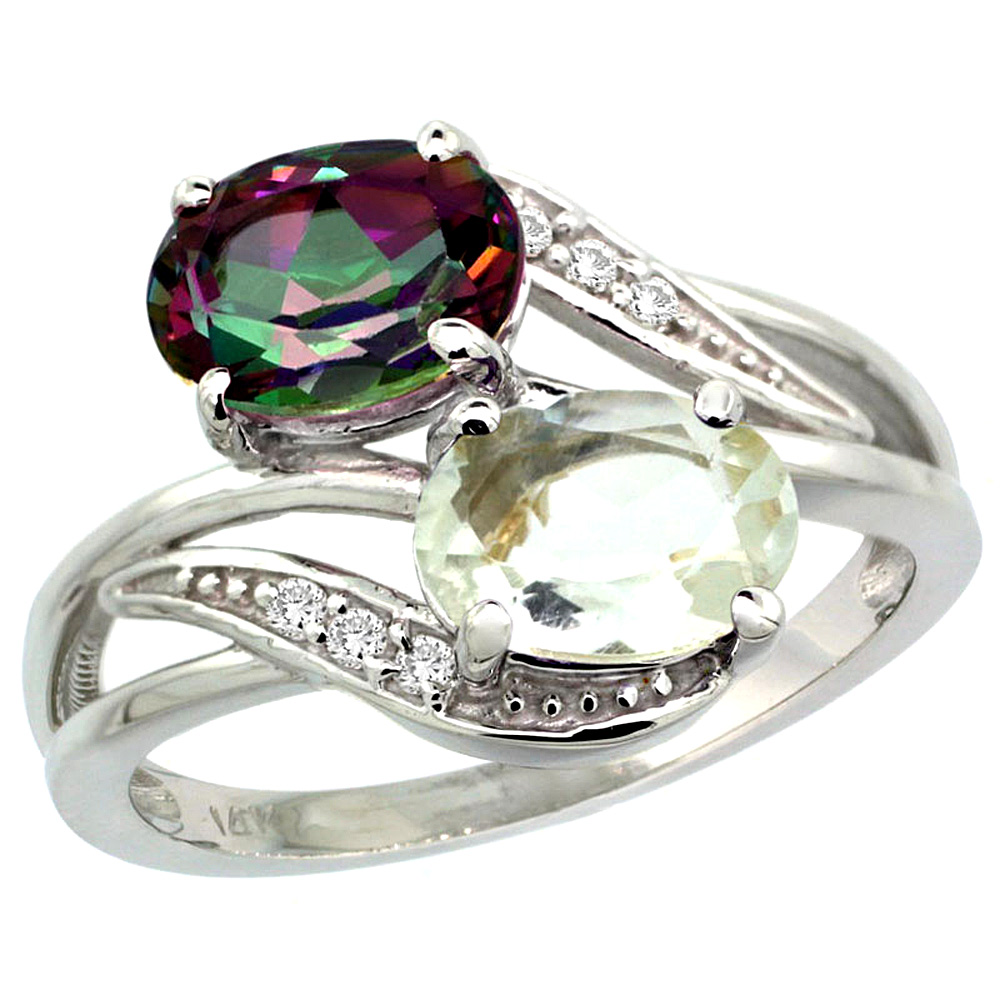14K WHITE GOLD DIAMOND NATURAL GREEN AMETHYST & MYSTIC TOPAZ 2-STONE RING OVAL 8X6MM, SIZES 5 - 10