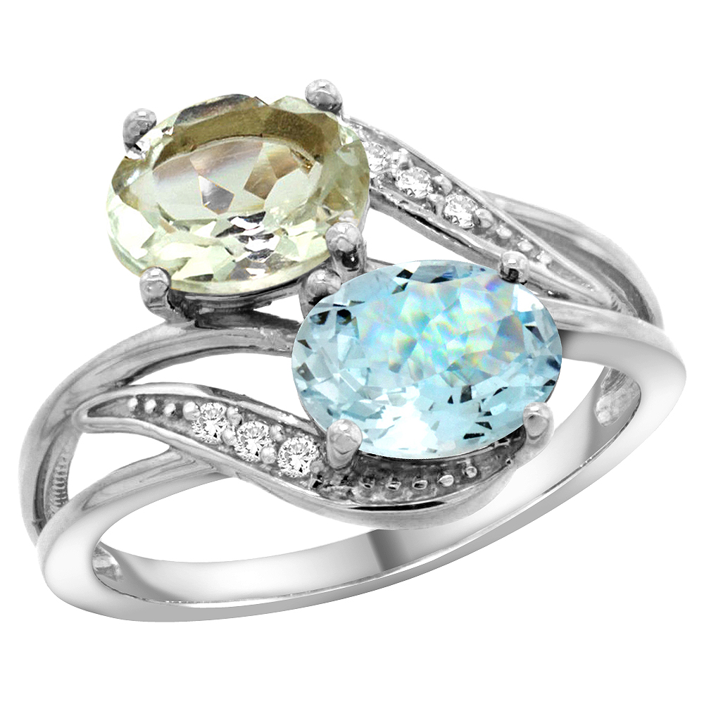 10K WHITE GOLD DIAMOND NATURAL GREEN AMETHYST & AQUAMARINE 2-STONE RING OVAL 8X6MM, SIZES 5 - 10