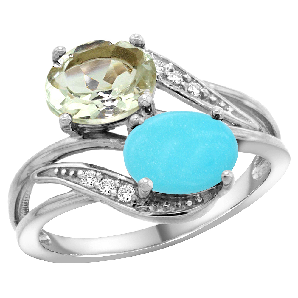 10K WHITE GOLD DIAMOND NATURAL GREEN AMETHYST & TURQUOISE 2-STONE RING OVAL 8X6MM, SIZES 5 - 10