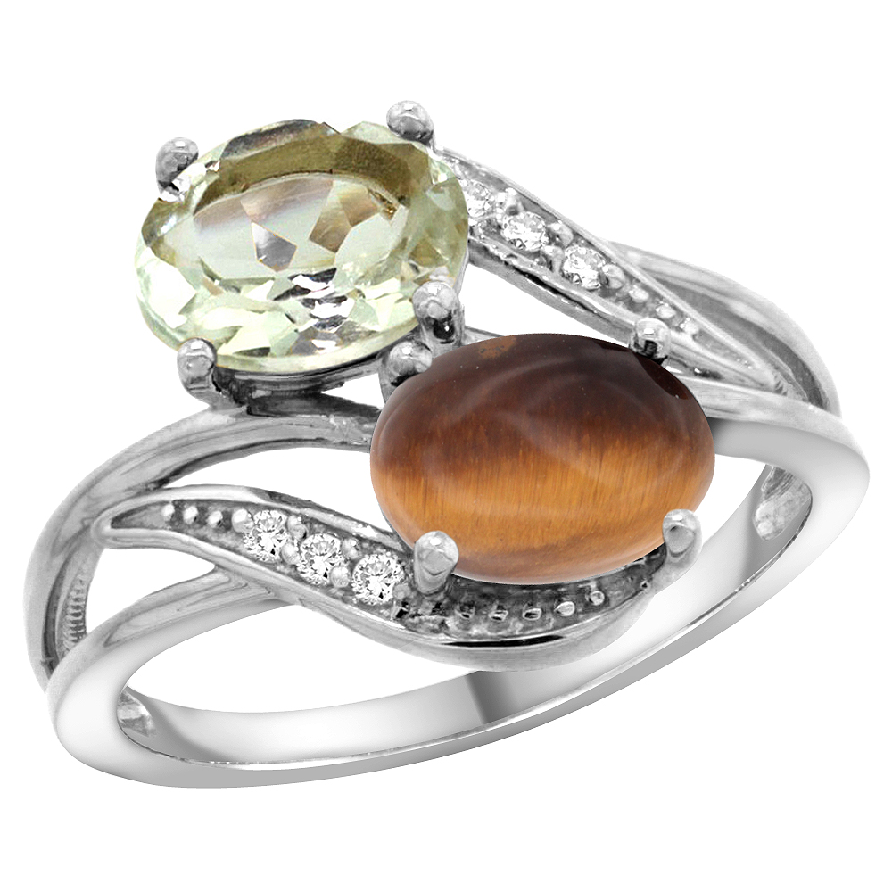 10K WHITE GOLD DIAMOND NATURAL GREEN AMETHYST & TIGER EYE 2-STONE RING OVAL 8X6MM, SIZES 5 - 10