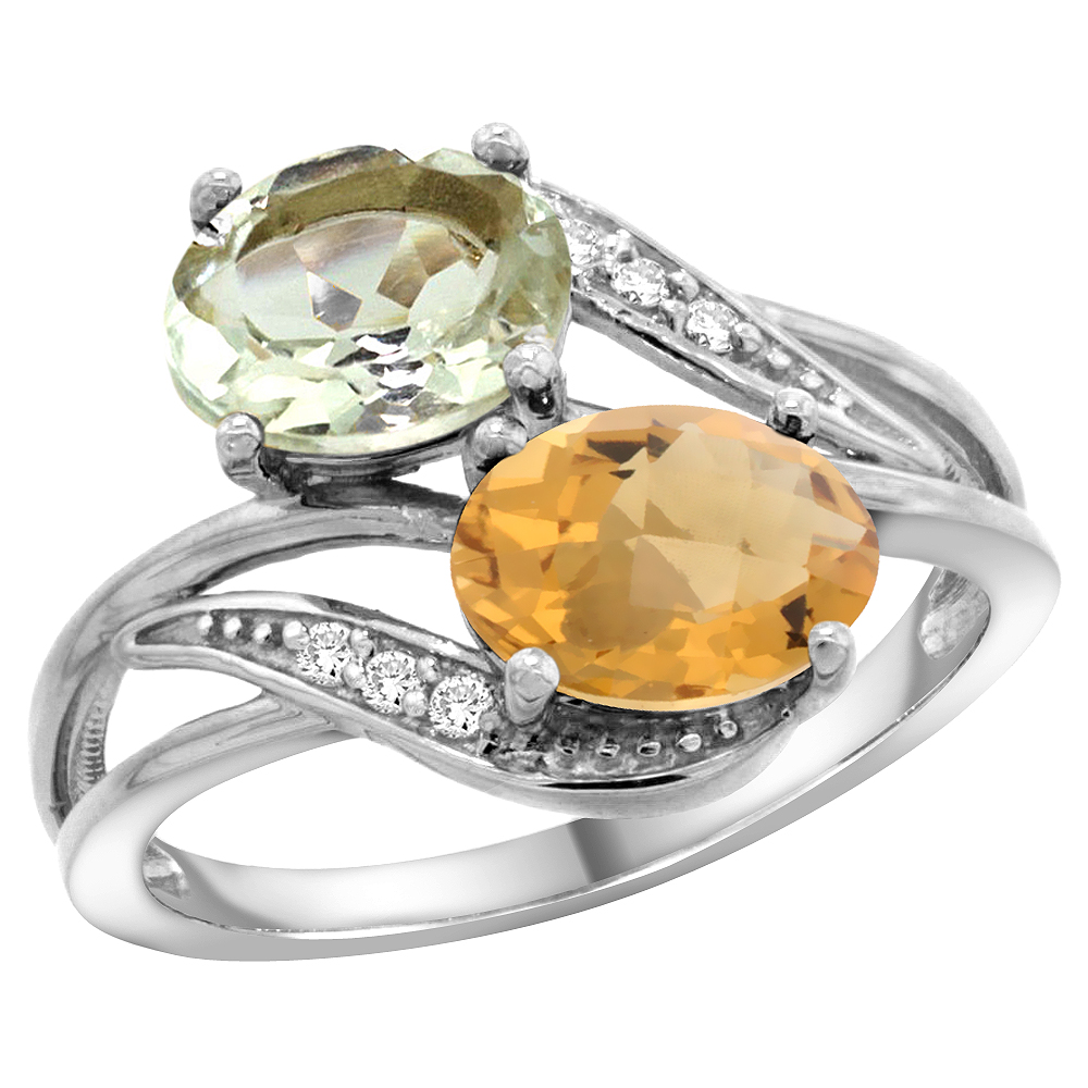 10K White Gold Diamond Natural Green Amethyst & Whisky Quartz 2-stone Ring Oval 8x6mm, sizes 5 - 10