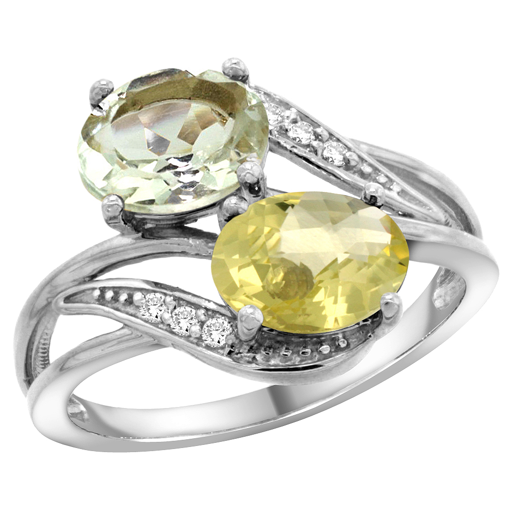 10K WHITE GOLD DIAMOND NATURAL GREEN AMETHYST & LEMON QUARTZ 2-STONE RING OVAL 8X6MM, SIZES 5 - 10