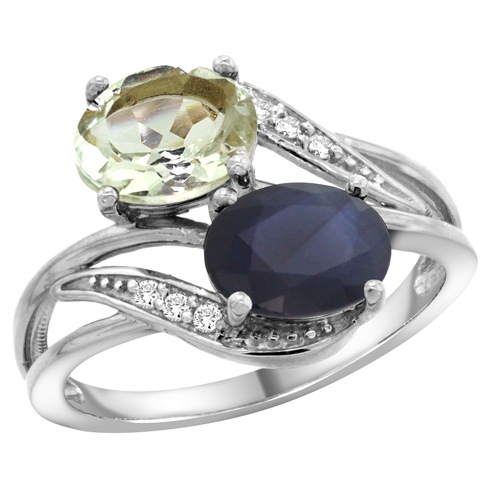 10K WHITE GOLD DIAMOND NATURAL GREEN AMETHYST & AUSTRALIAN SAPPHIRE 2-STONE RING OVAL 8X6MM, SIZES 5 - 10