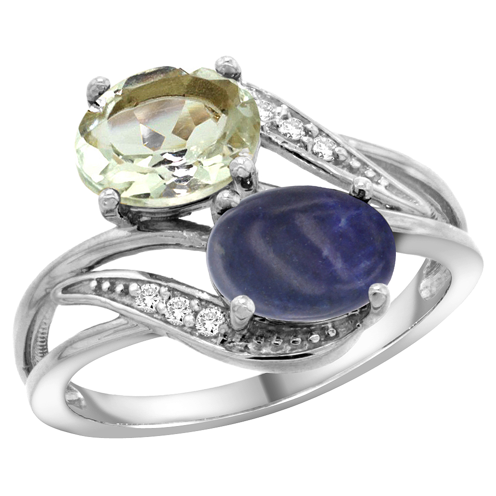 10K WHITE GOLD DIAMOND NATURAL GREEN AMETHYST & LAPIS 2-STONE RING OVAL 8X6MM, SIZES 5 - 10