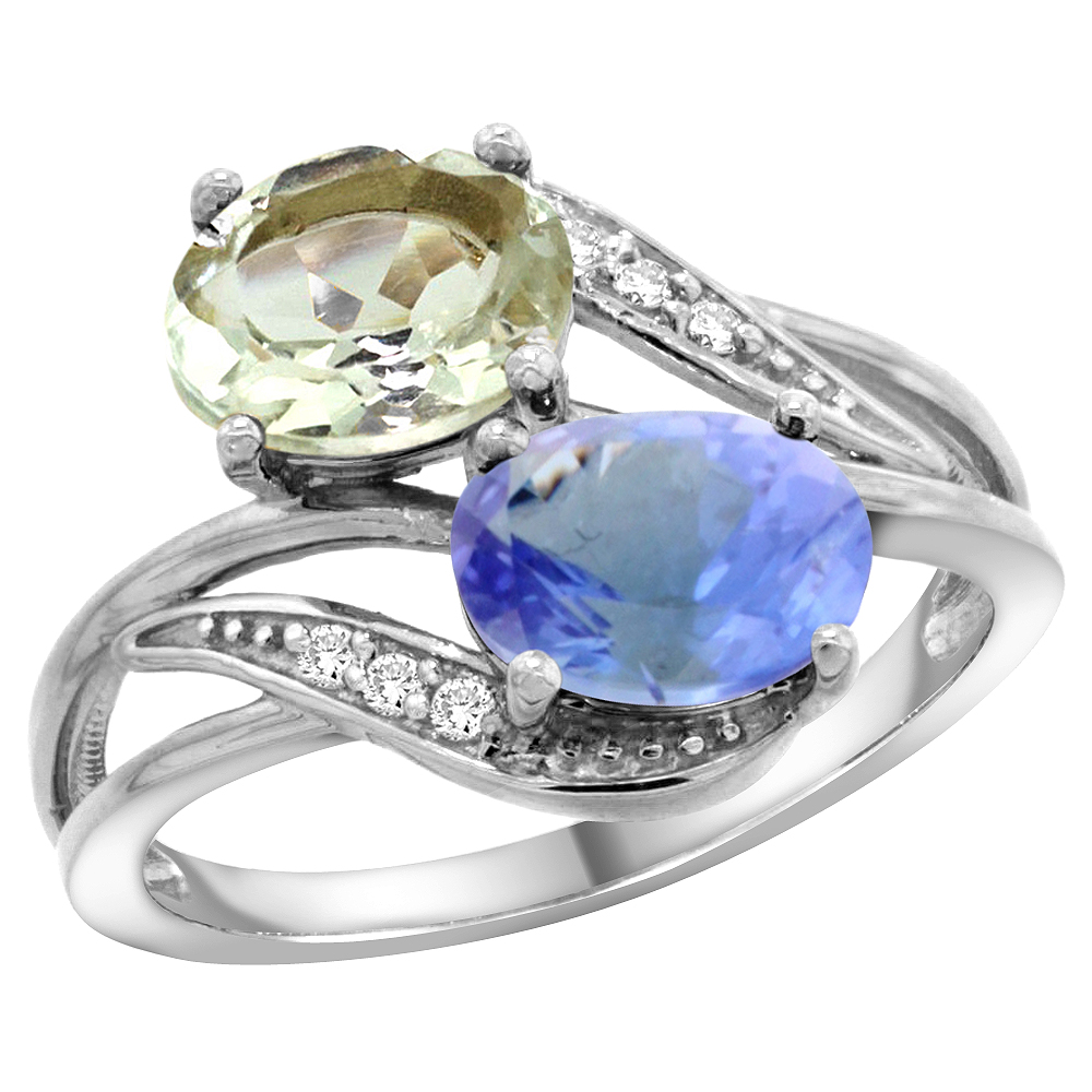 10K White Gold Diamond Natural Green Amethyst & Tanzanite 2-stone Ring Oval 8x6mm, sizes 5 - 10