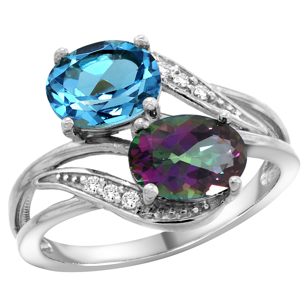 14K White Gold Diamond Natural Swiss Blue & Mystic Topaz 2-stone Ring Oval 8x6mm, sizes 5 - 10