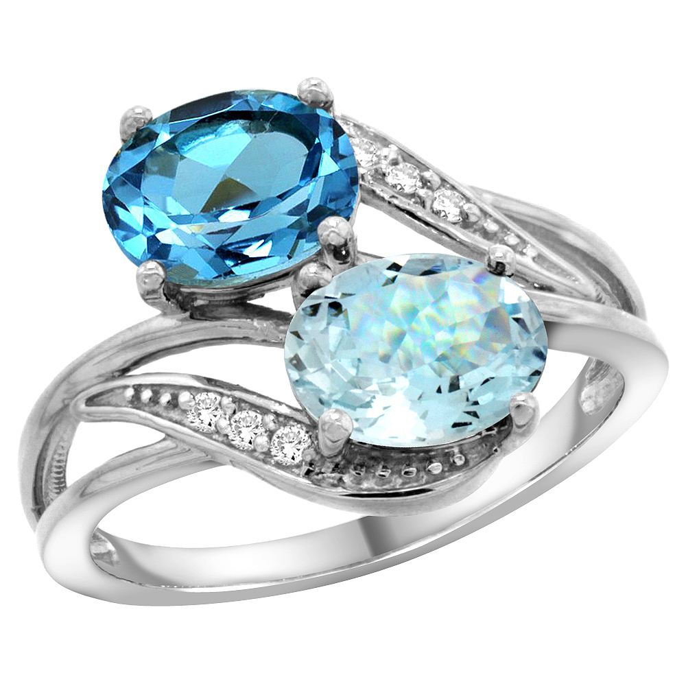 10K WHITE GOLD DIAMOND NATURAL SWISS BLUE TOPAZ & AQUAMARINE 2-STONE RING OVAL 8X6MM, SIZES 5 - 10
