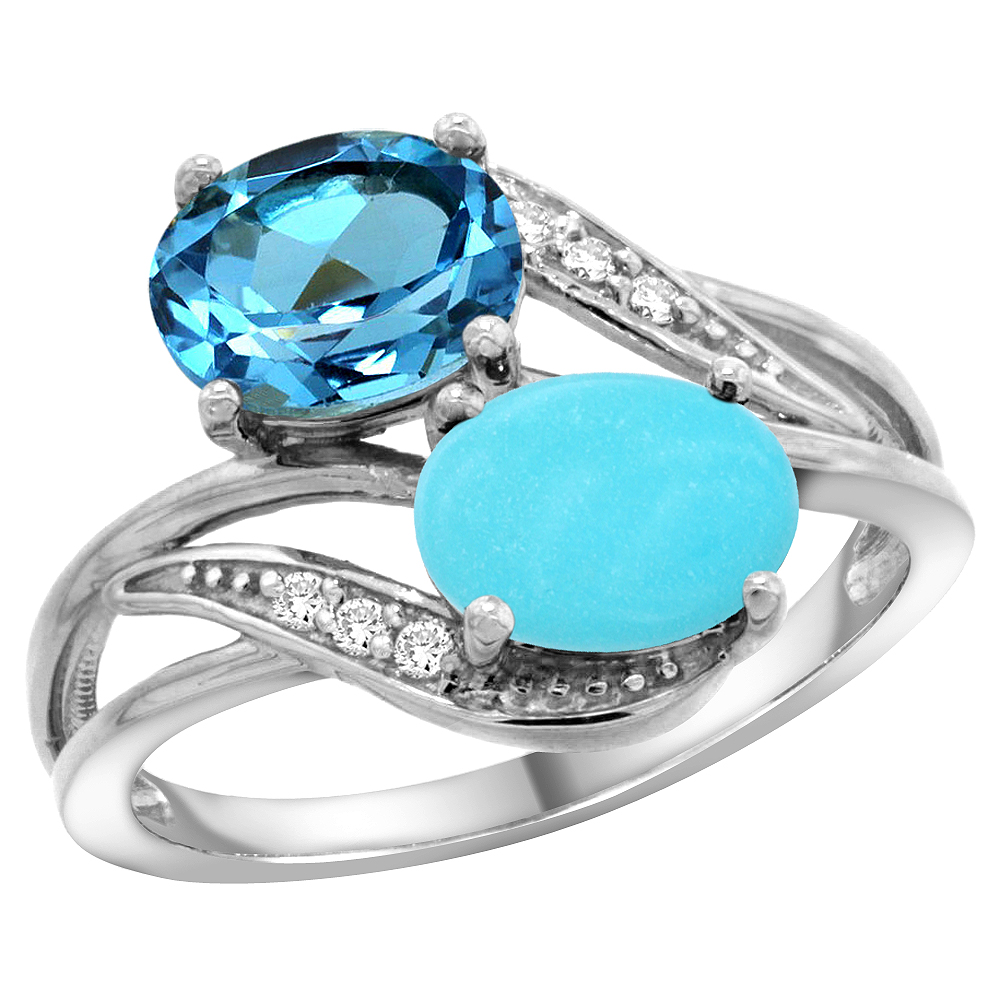 10K WHITE GOLD DIAMOND NATURAL SWISS BLUE TOPAZ & TURQUOISE 2-STONE RING OVAL 8X6MM, SIZES 5 - 10