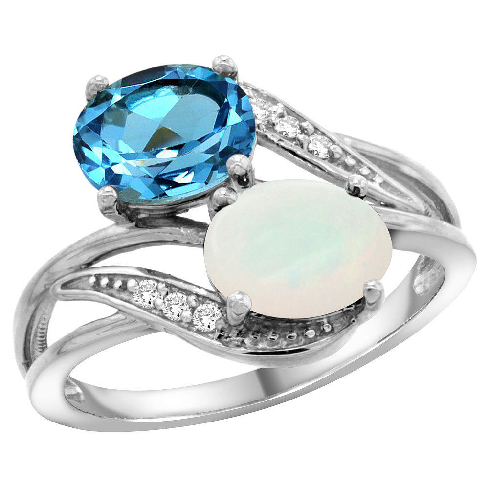 10K WHITE GOLD DIAMOND NATURAL SWISS BLUE TOPAZ & OPAL 2-STONE RING OVAL 8X6MM, SIZES 5 - 10
