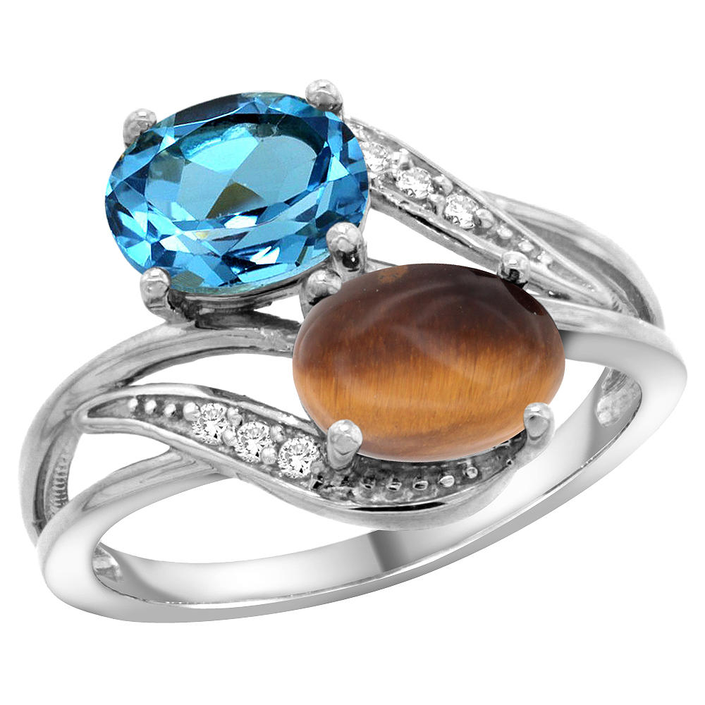 10K WHITE GOLD DIAMOND NATURAL SWISS BLUE TOPAZ & TIGER EYE 2-STONE RING OVAL 8X6MM, SIZES 5 - 10