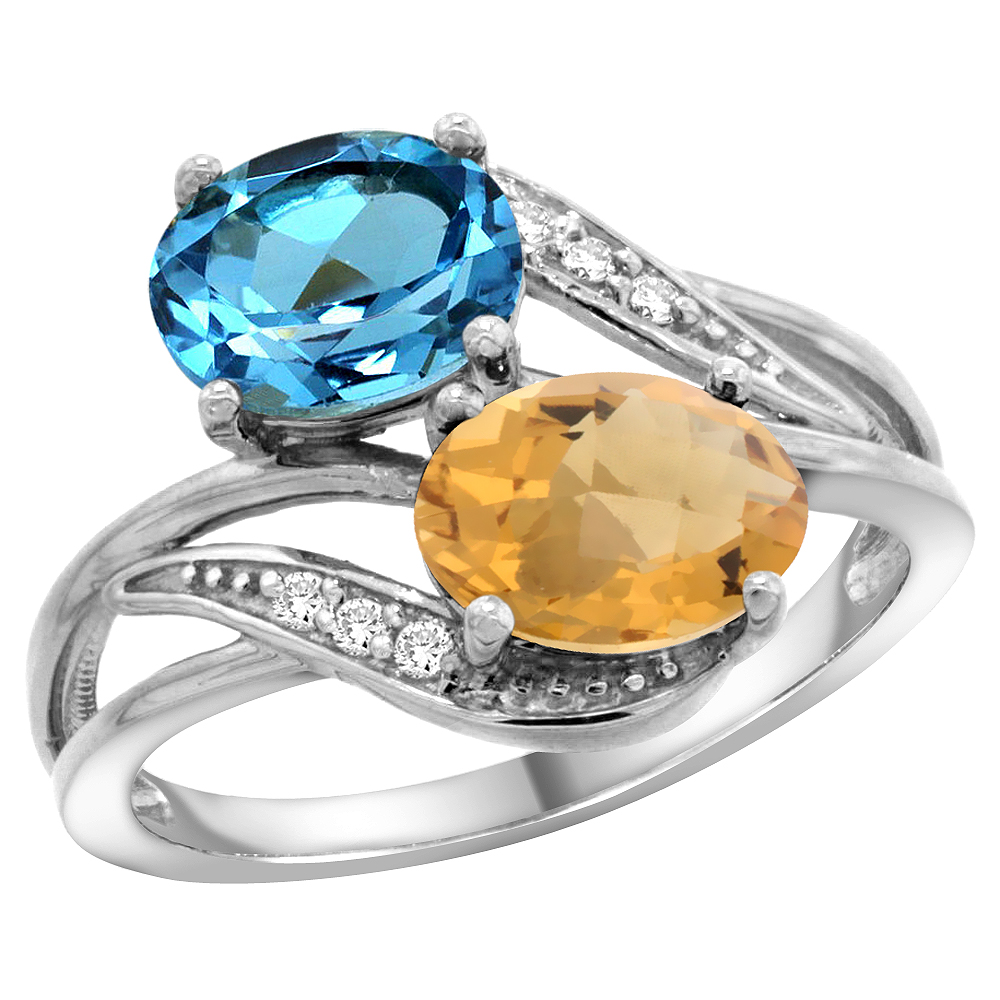 10K White Gold Diamond Natural Swiss Blue Topaz & Whisky Quartz 2-stone Ring Oval 8x6mm, sizes 5 - 10