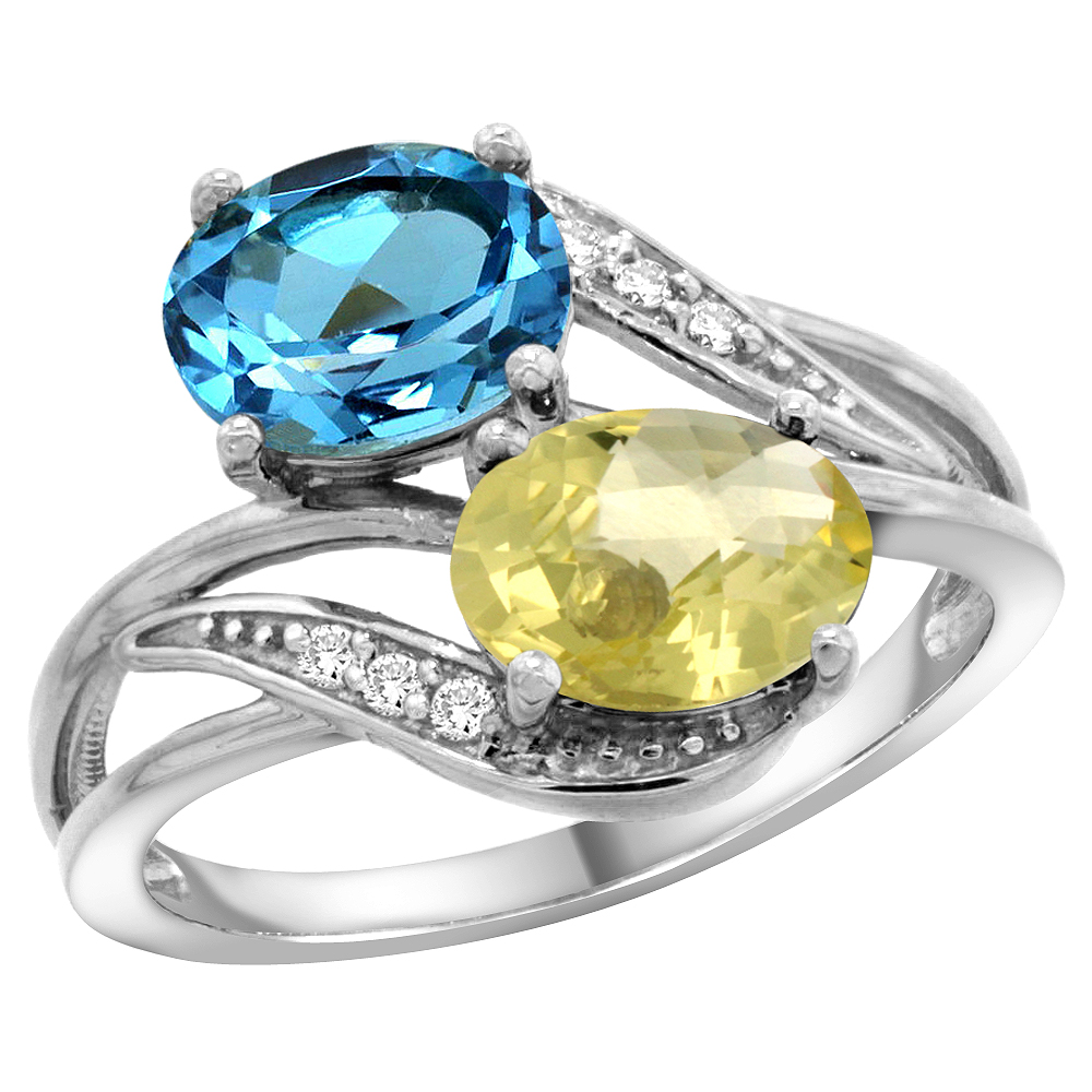 10K WHITE GOLD DIAMOND NATURAL SWISS BLUE TOPAZ & LEMON QUARTZ 2-STONE RING OVAL 8X6MM, SIZES 5 - 10