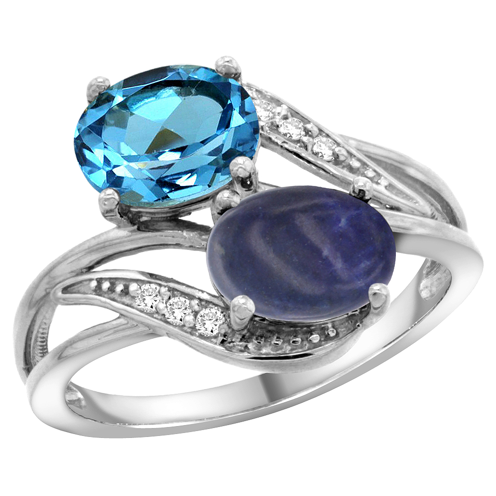 10K WHITE GOLD DIAMOND NATURAL SWISS BLUE TOPAZ & LAPIS 2-STONE RING OVAL 8X6MM, SIZES 5 - 10