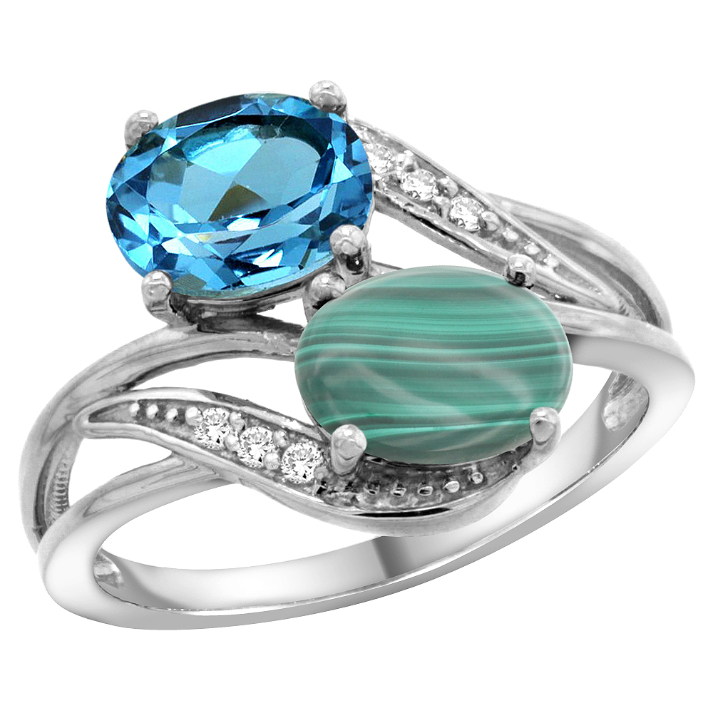 10K WHITE GOLD DIAMOND NATURAL SWISS BLUE TOPAZ & MALACHITE 2-STONE RING OVAL 8X6MM, SIZES 5 - 10