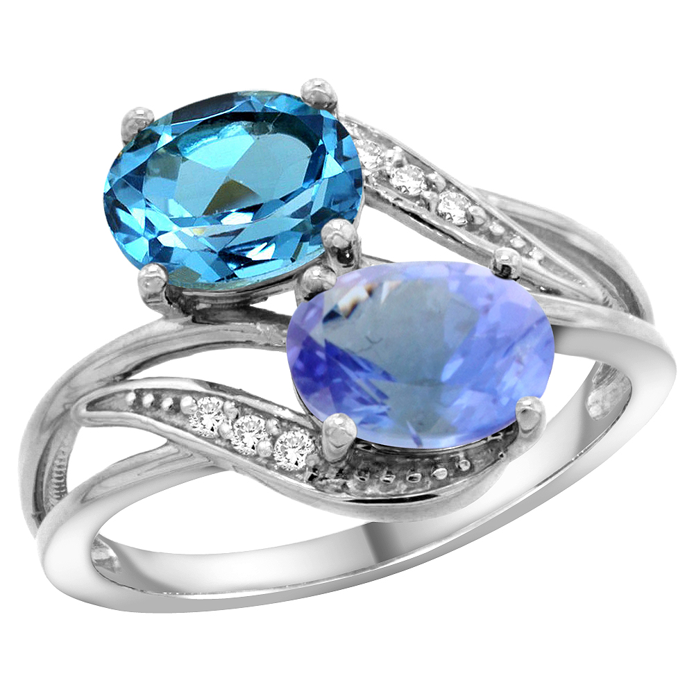 10K WHITE GOLD DIAMOND NATURAL SWISS BLUE TOPAZ & TANZANITE 2-STONE RING OVAL 8X6MM, SIZES 5 - 10