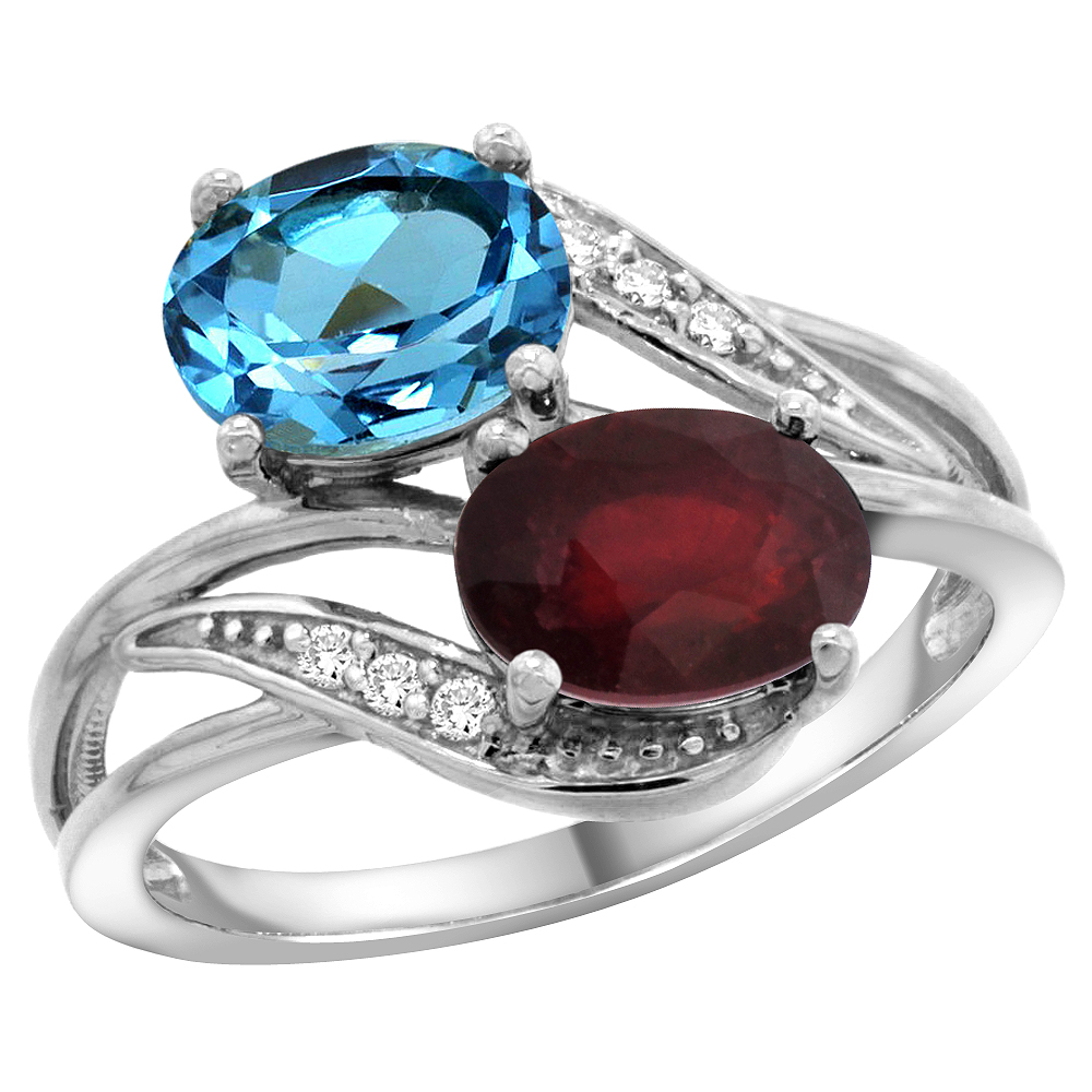 10K White Gold Diamond Natural Swiss Blue Topaz & Quality Ruby 2-stone Mothers Ring Oval 8x6mm, sz 5 - 10