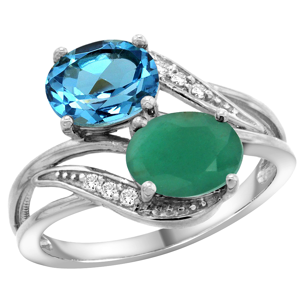 10K WHITE GOLD DIAMOND NATURAL SWISS BLUE TOPAZ EMERALD 2-STONE MOTHERS RING OVAL 8X6MM SIZE 5-10