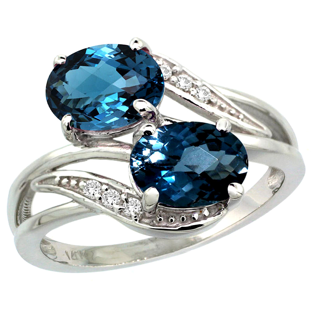 14K WHITE GOLD DIAMOND NATURAL LONDON BLUE TOPAZ 2-STONE RING OVAL 8X6MM, SIZES 5 - 10