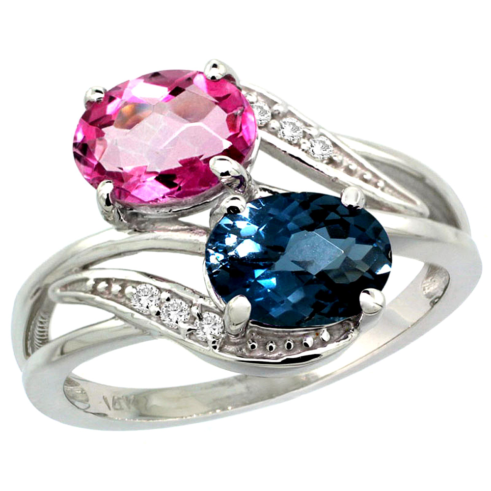 14K WHITE GOLD DIAMOND NATURAL LONDON BLUE & PINK TOPAZ 2-STONE RING OVAL 8X6MM, SIZES 5 - 10