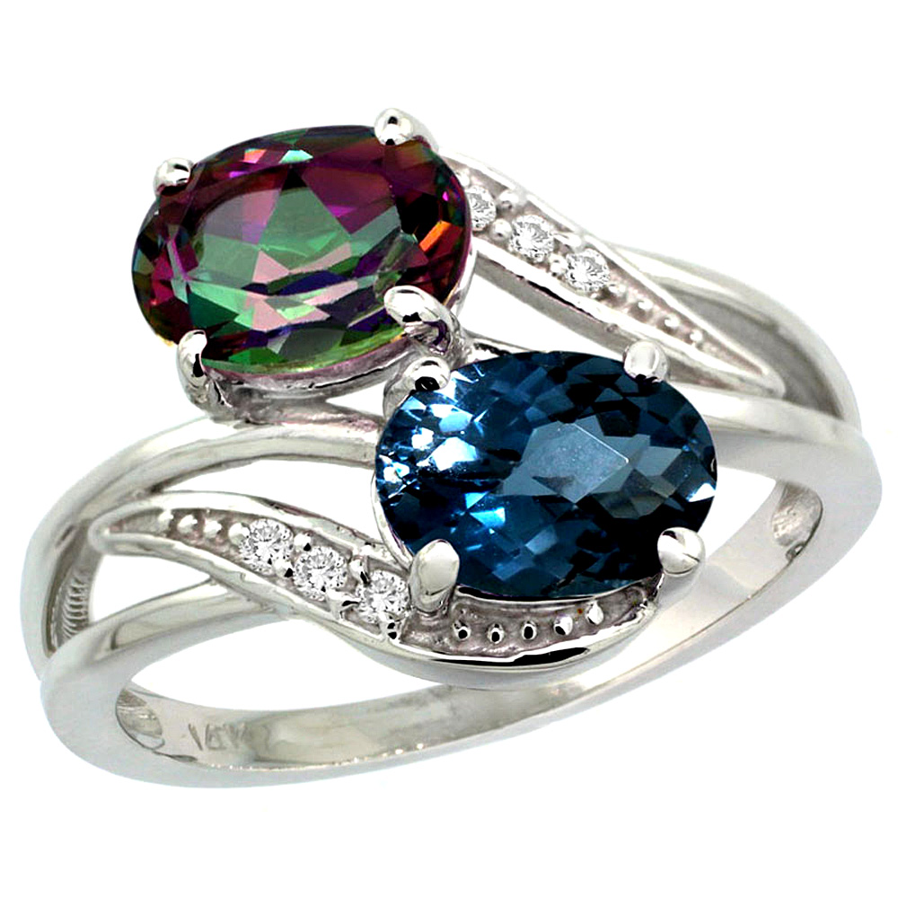 14K WHITE GOLD DIAMOND NATURAL LONDON BLUE & MYSTIC TOPAZ 2-STONE RING OVAL 8X6MM, SIZES 5 - 10