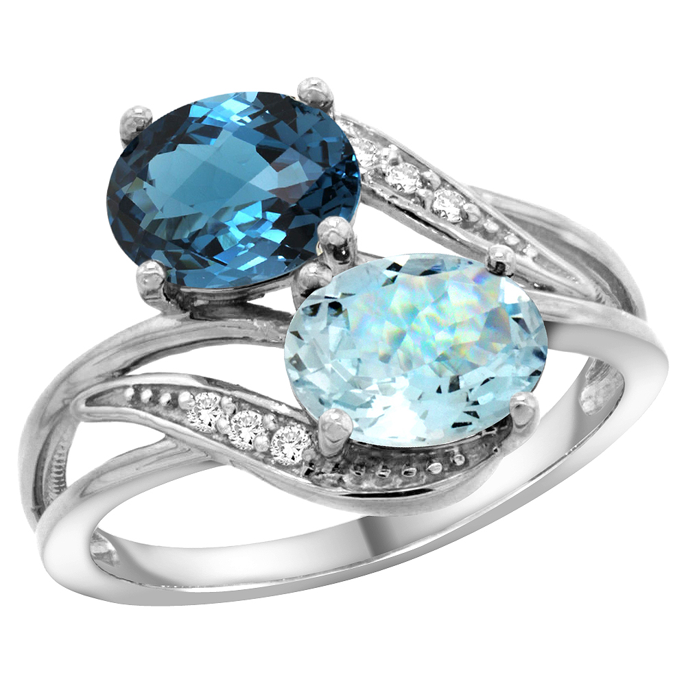 10K WHITE GOLD DIAMOND NATURAL LONDON BLUE TOPAZ & AQUAMARINE 2-STONE RING OVAL 8X6MM, SIZES 5 - 10