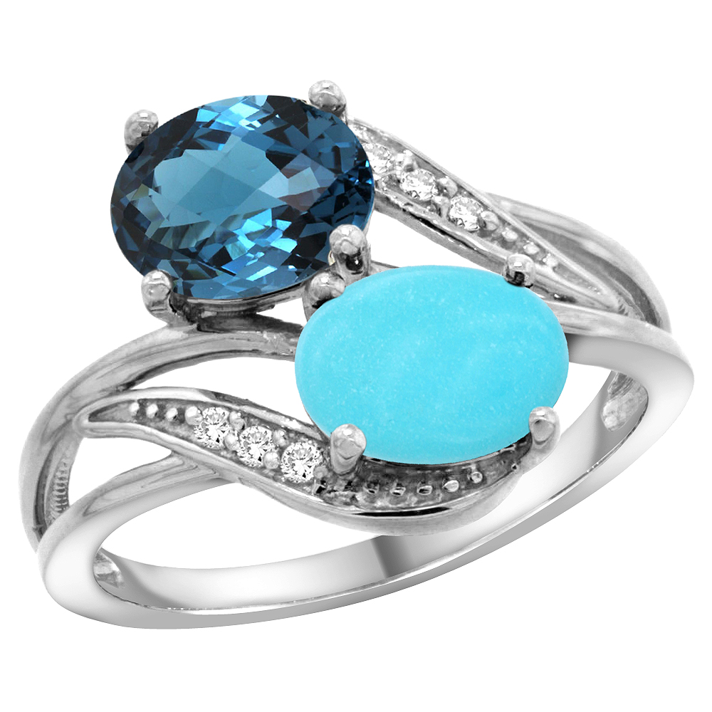 10K WHITE GOLD DIAMOND NATURAL LONDON BLUE TOPAZ & TURQUOISE 2-STONE RING OVAL 8X6MM, SIZES 5 - 10