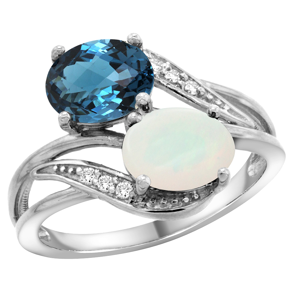 10K WHITE GOLD DIAMOND NATURAL LONDON BLUE TOPAZ & OPAL 2-STONE RING OVAL 8X6MM, SIZES 5 - 10