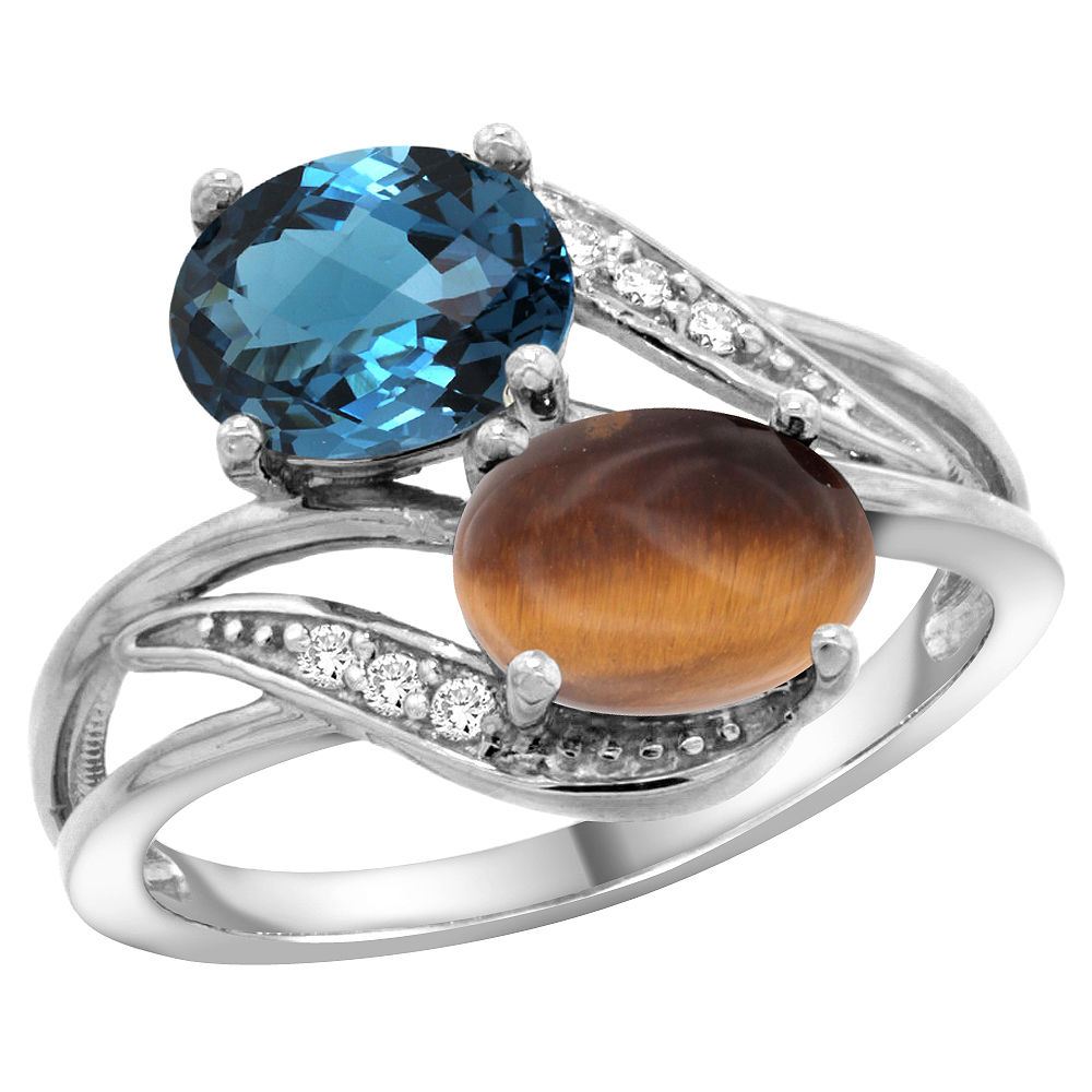 10K WHITE GOLD DIAMOND NATURAL LONDON BLUE TOPAZ & TIGER EYE 2-STONE RING OVAL 8X6MM, SIZES 5 - 10